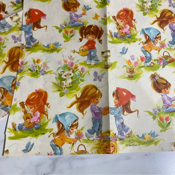 Vintage Gift wrap sheets kitschy little girls & cats - Picture 4 of 4